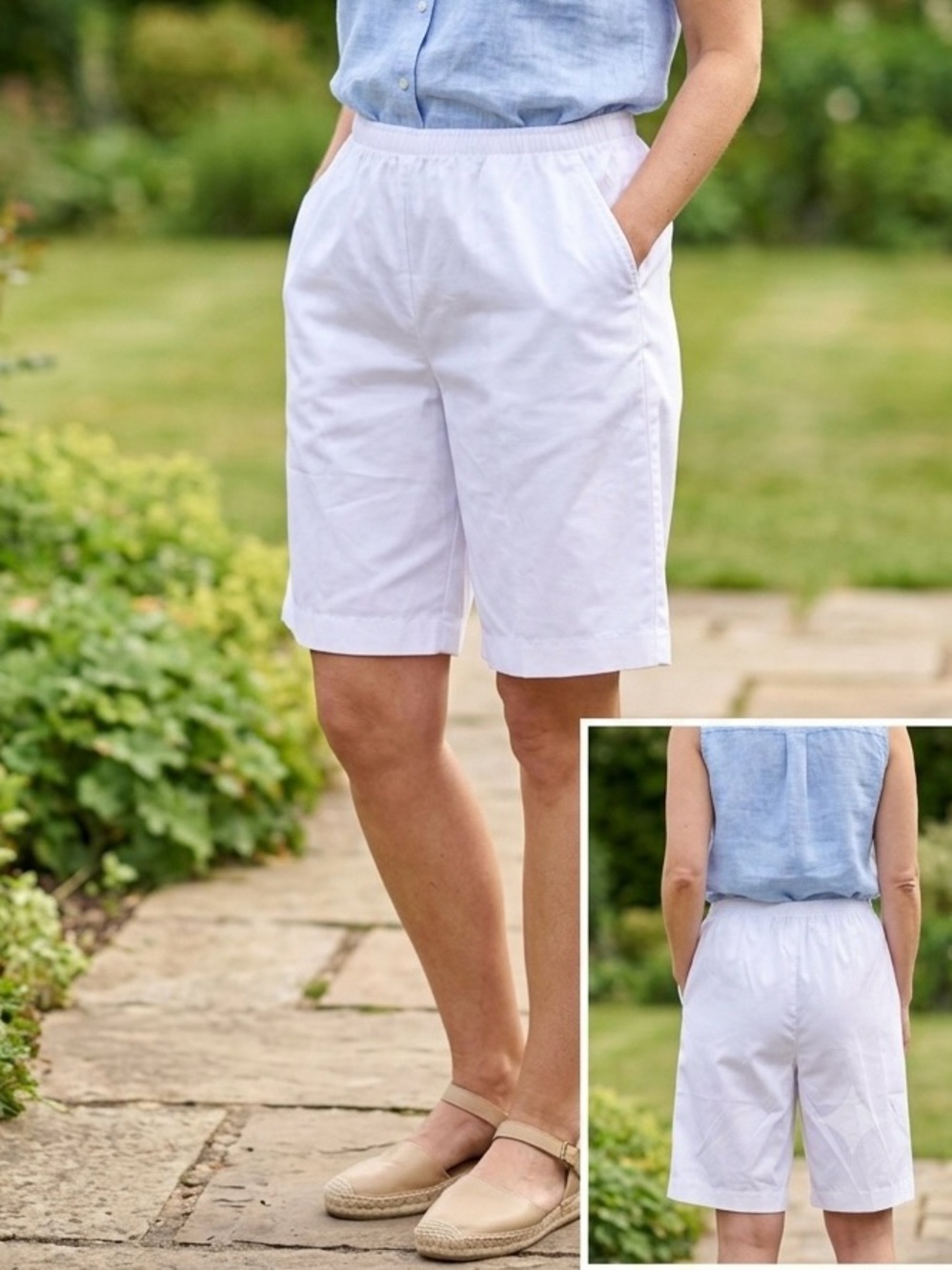 Classic White Elastic-Waist Bermuda Shorts with Side Pockets